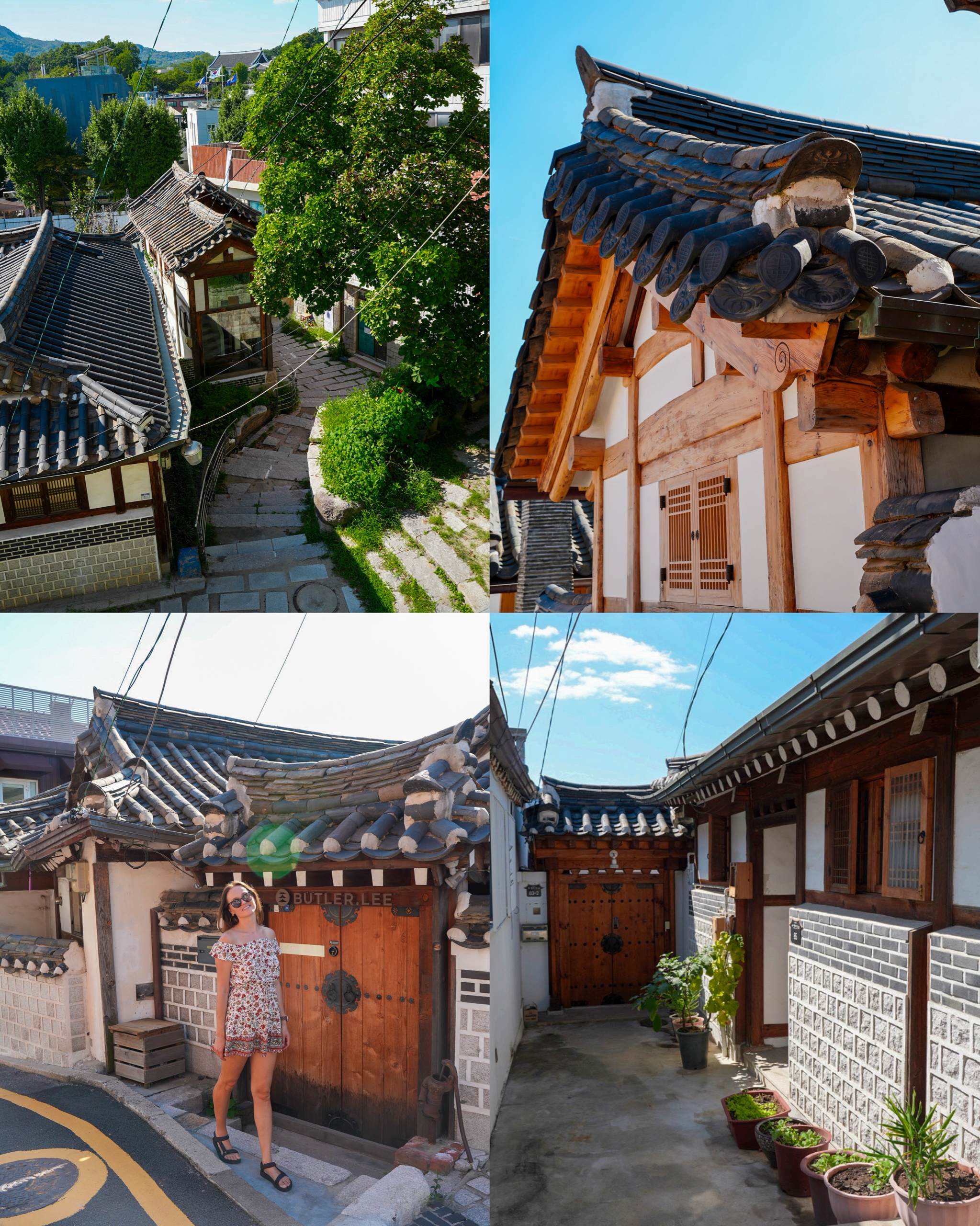 Collage of Bukchon Hanok Village: stone stairs between hanok houses, a tiled roof, Polina at a wooden gate and a lane lined with potted plants