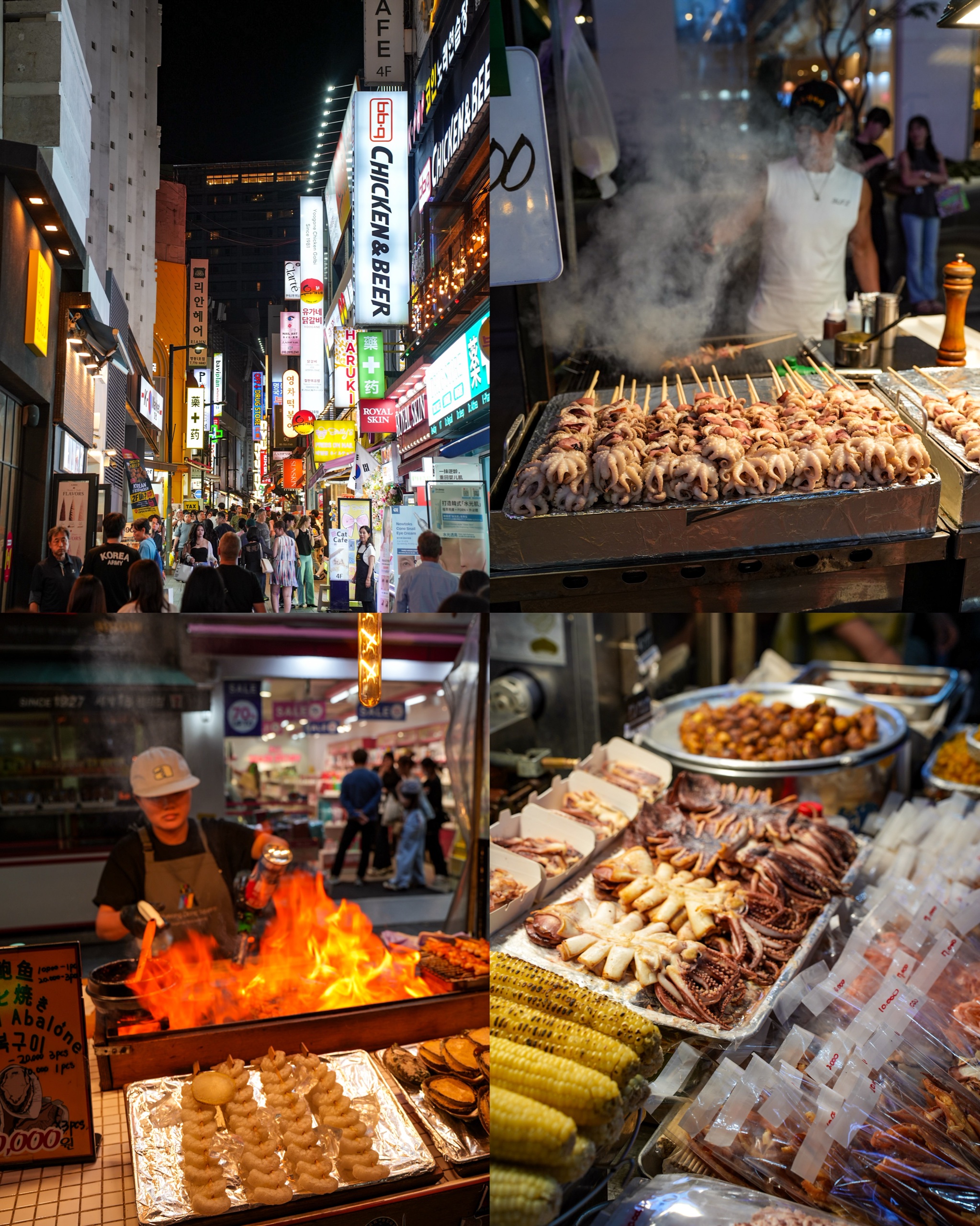 Collage of Myeongdong at night: a busy shopping street, grilled skewers, a vendor torching food and stalls of snacks