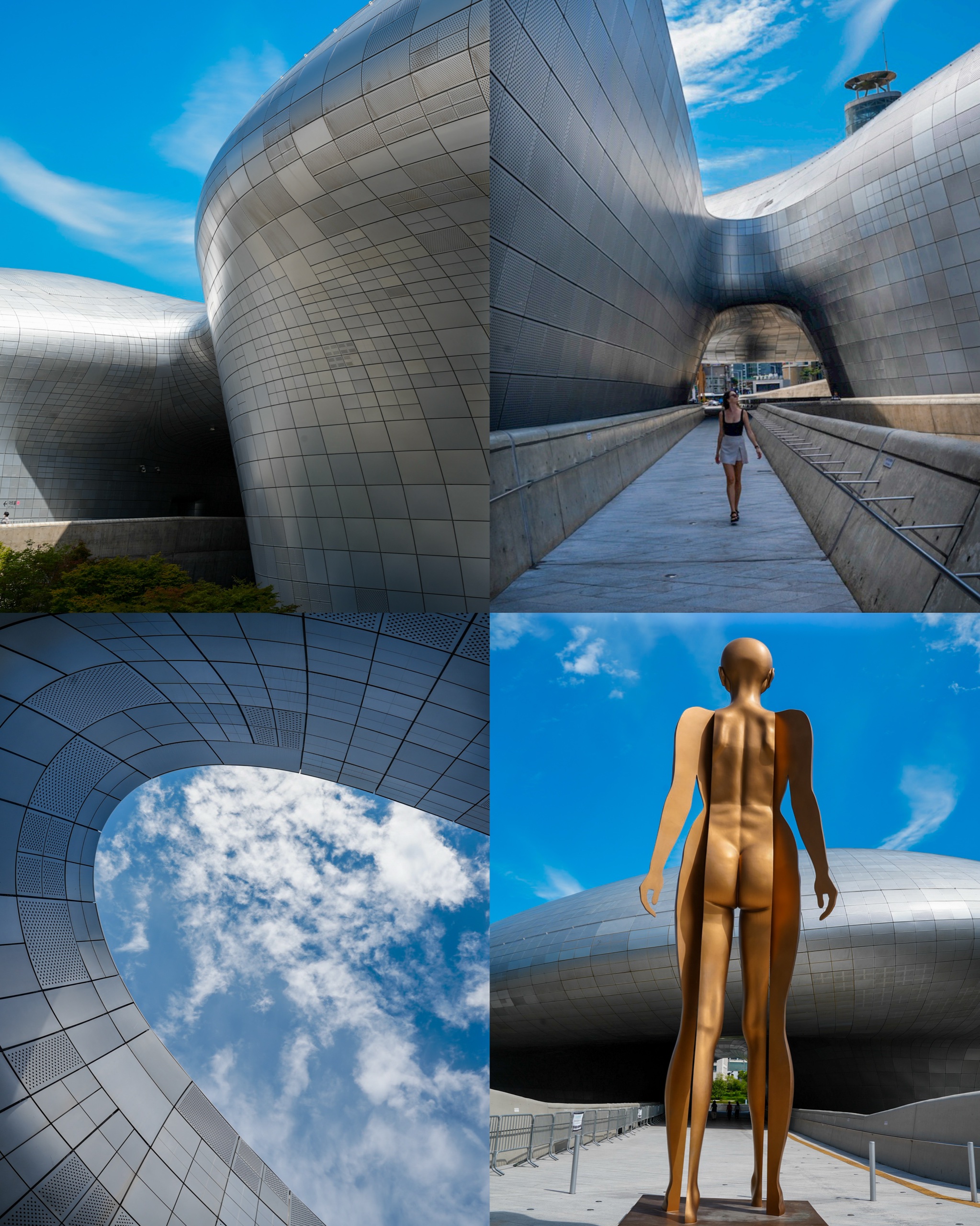 Collage of Dongdaemun Design Plaza: curved aluminum panels, Polina on a walkway, the sky through a round opening, and a bronze sculpture