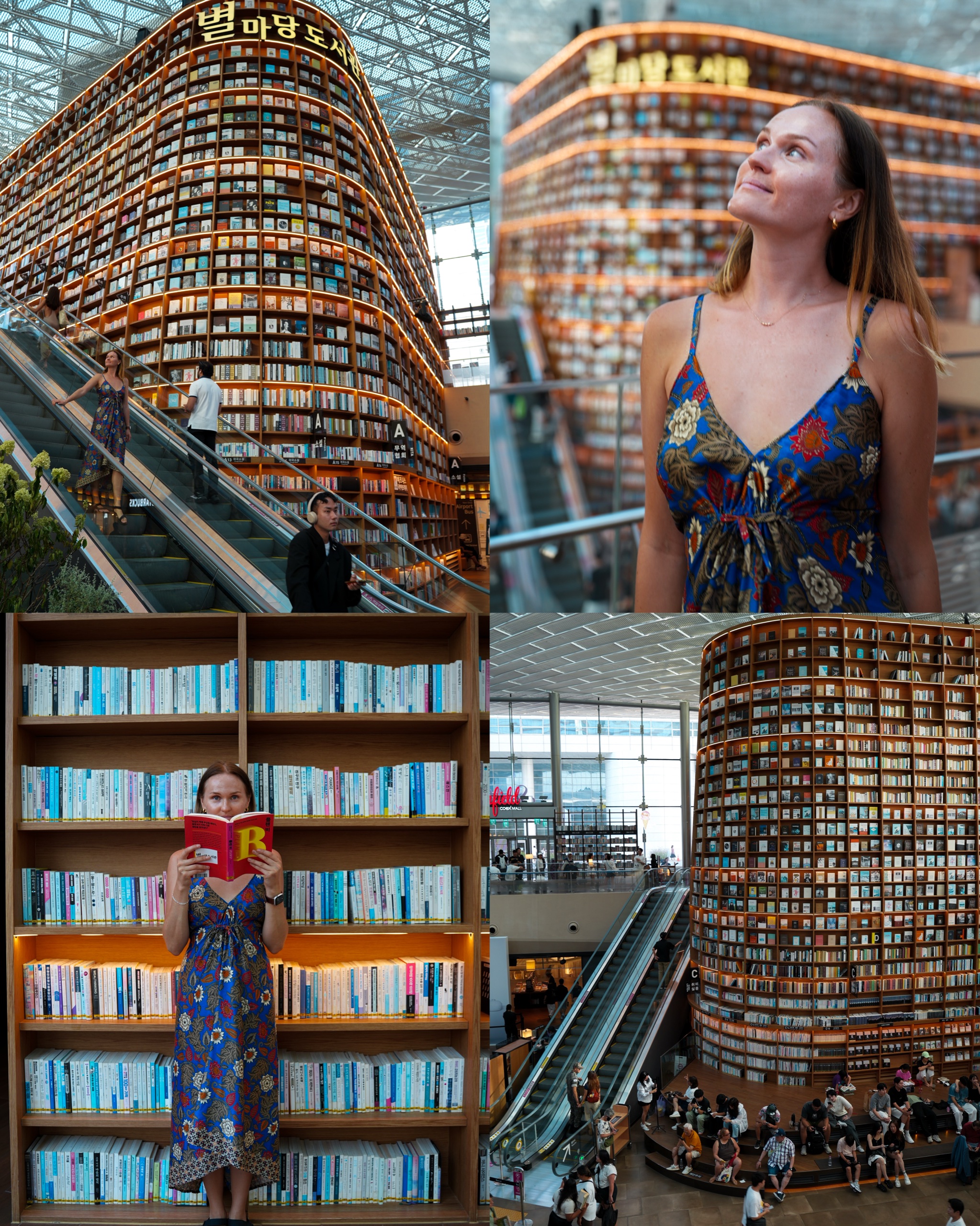 Collage of Starfield Library: towering bookshelves, escalators and Polina reading among the shelves