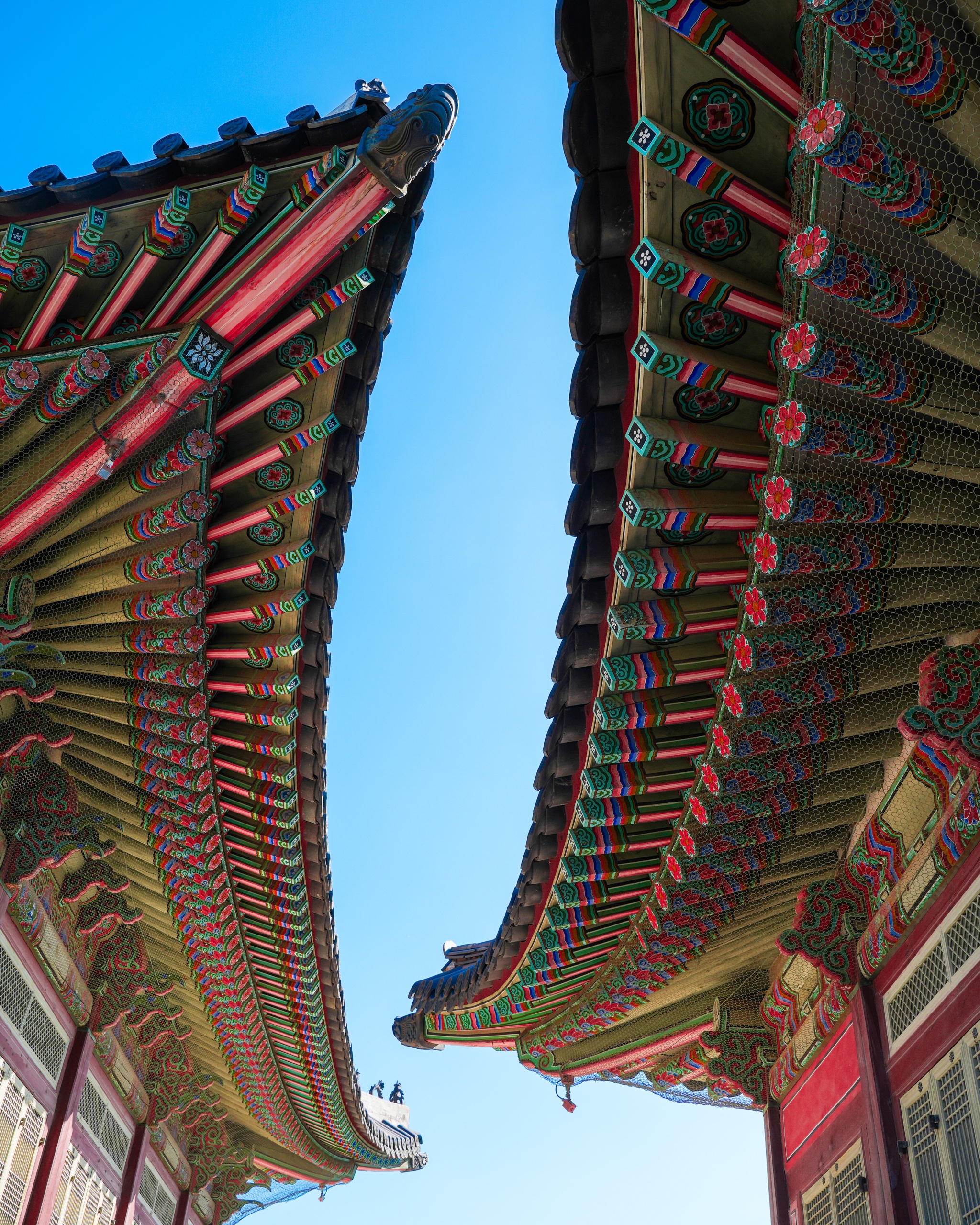 Two curved palace roofs painted in dancheong against a blue sky at Gyeongbokgung
