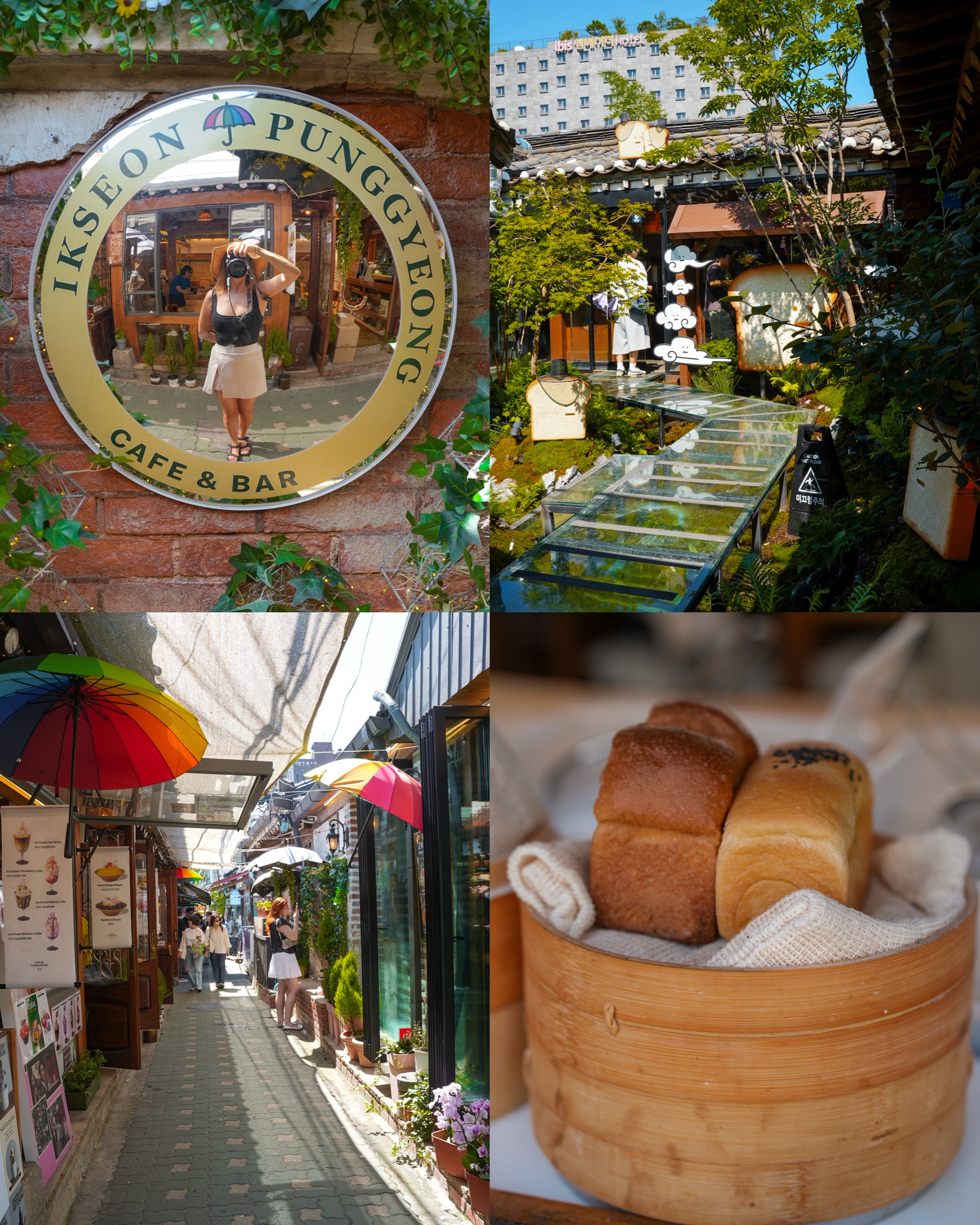 Collage of Ikseon-dong: Polina reflected in the round mirror sign of Ikseon Punggyeong cafe and bar, a cafe courtyard, an alley under colorful umbrellas, and bread in a bamboo steamer