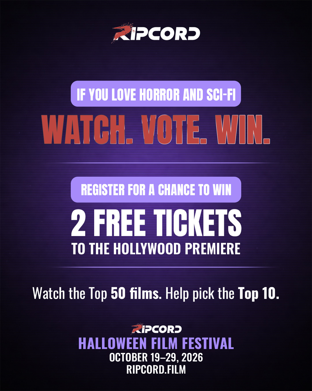 🎟️ GIVEAWAY: 3 winners will each score 2 tickets to the Ripcord Halloween Film Festival…
