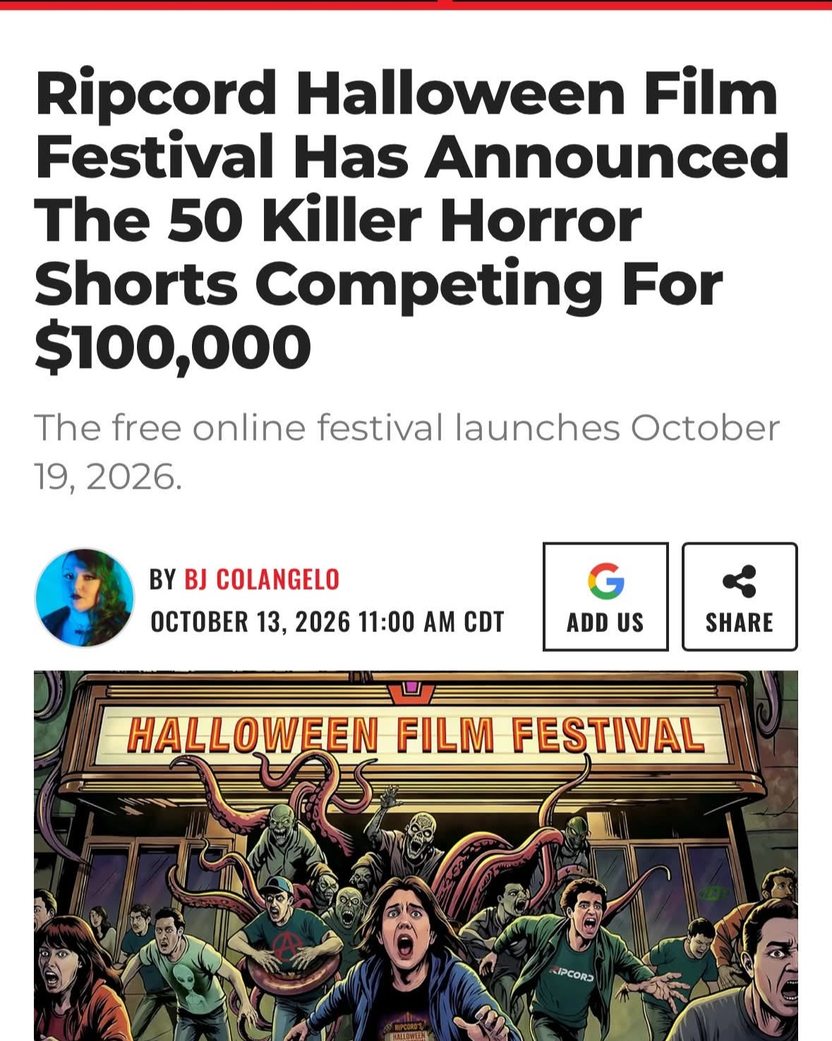 Excited to share that Blood Sisters has been selected for the Ripcord Halloween Film…