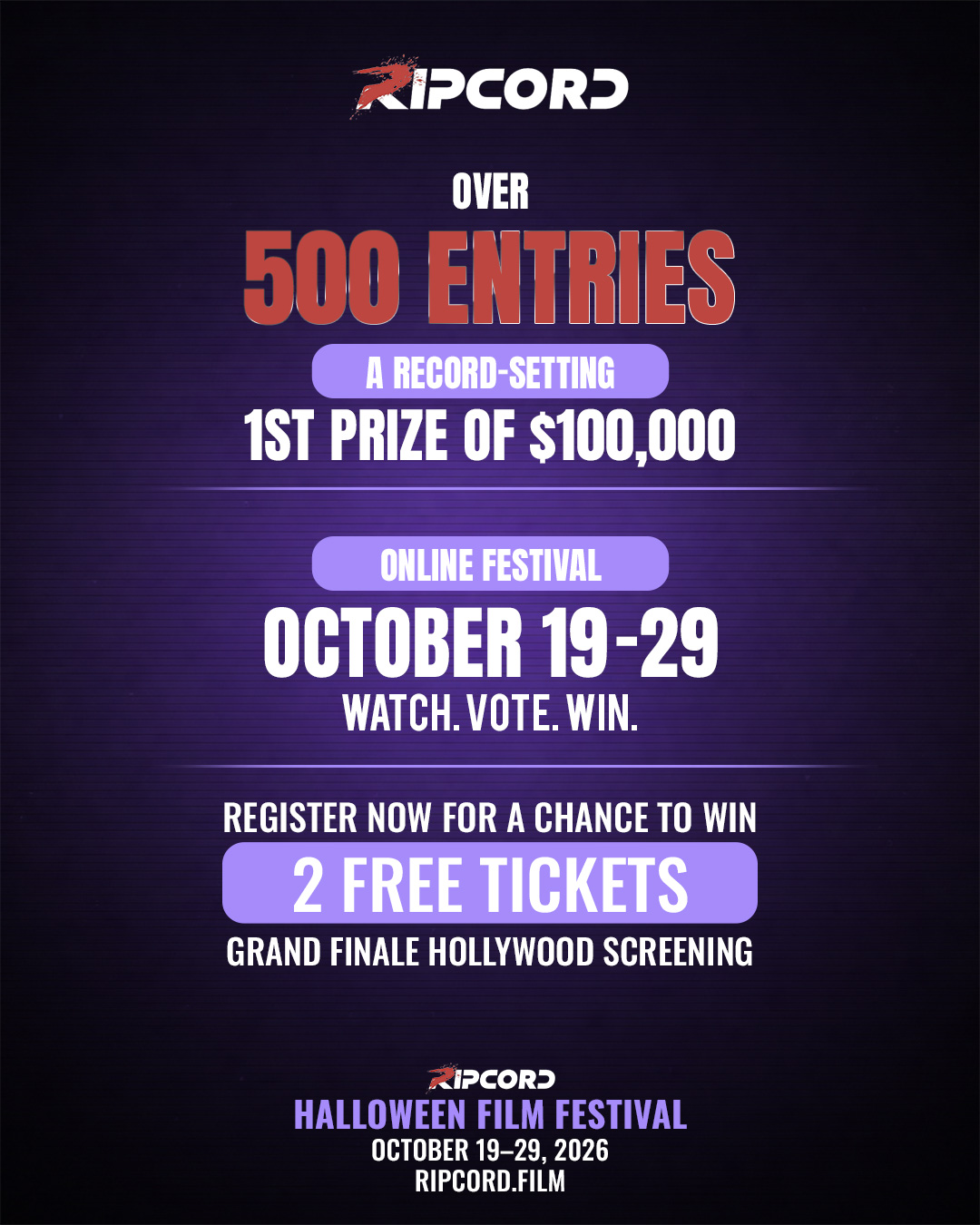 The first annual Ripcord Halloween Film Festival is thrilled to announce OVER 500 shorts…