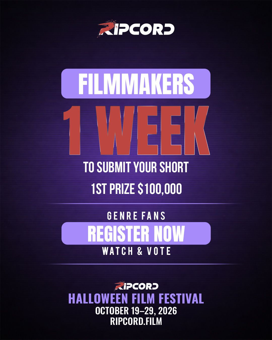 1 WEEK LEFT. Submissions close October 1st for the Ripcord Halloween Film Festival —…