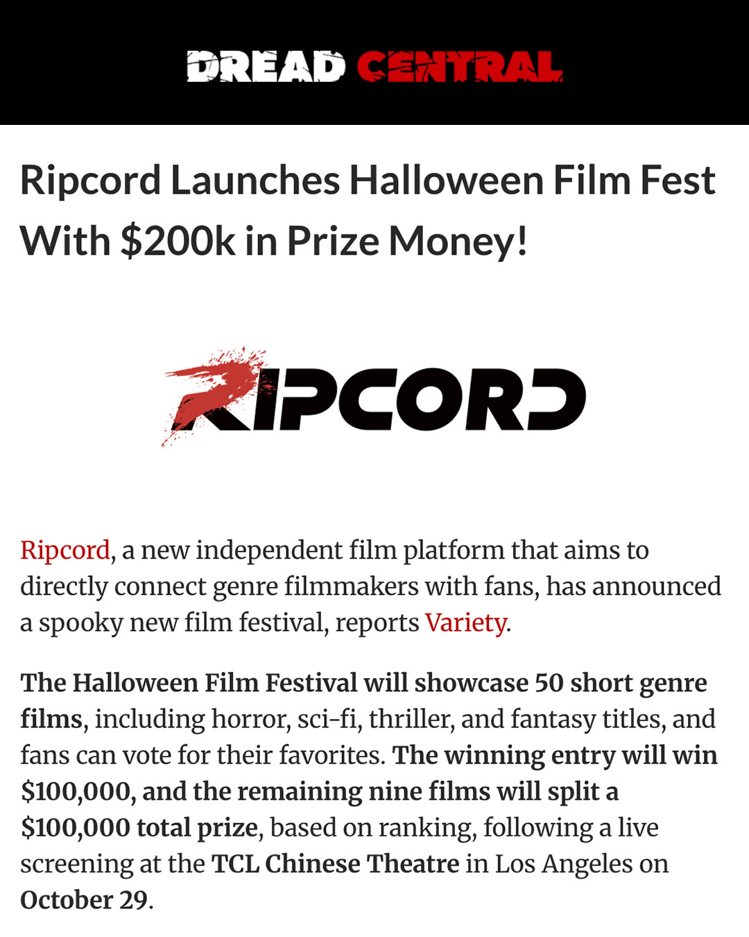 Filmmakers, check out what Dread Central has to say about Ripcord’s Halloween Film…