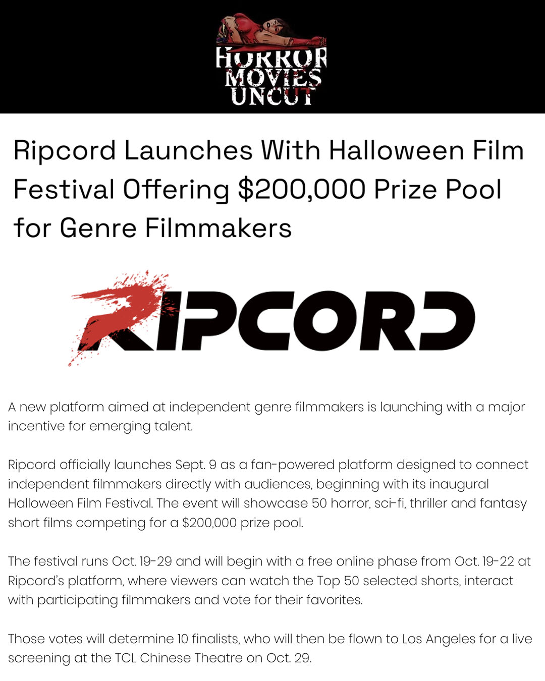Your film screened in Hollywood? HORROR MOVIES UNCUT has breaking news on Ripcord’s genre…