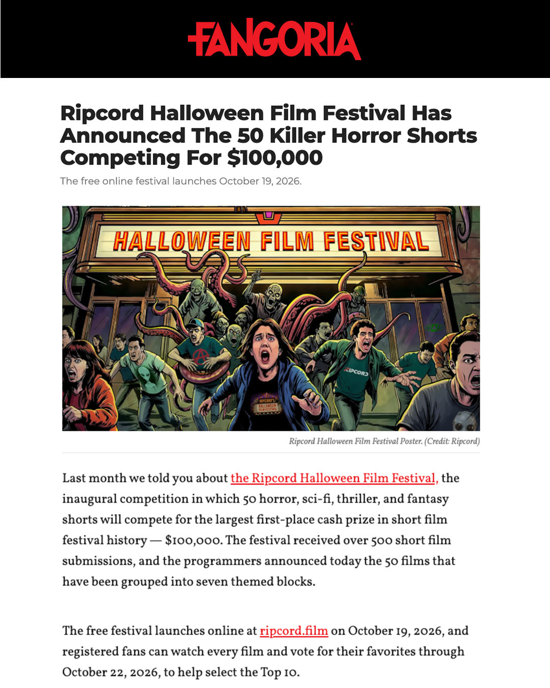 50 killer horror shorts. One $100,000 prize. Thanks to @fangoria for revealing our…