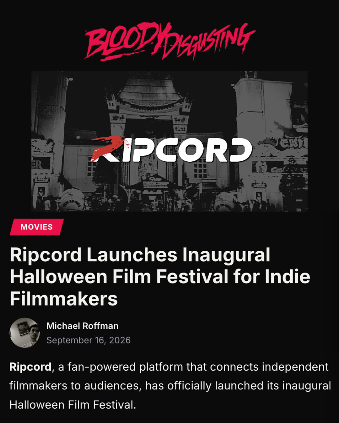 Be first to learn about Ripcord’s Halloween Film Festival competition! Bloody Disgusting…